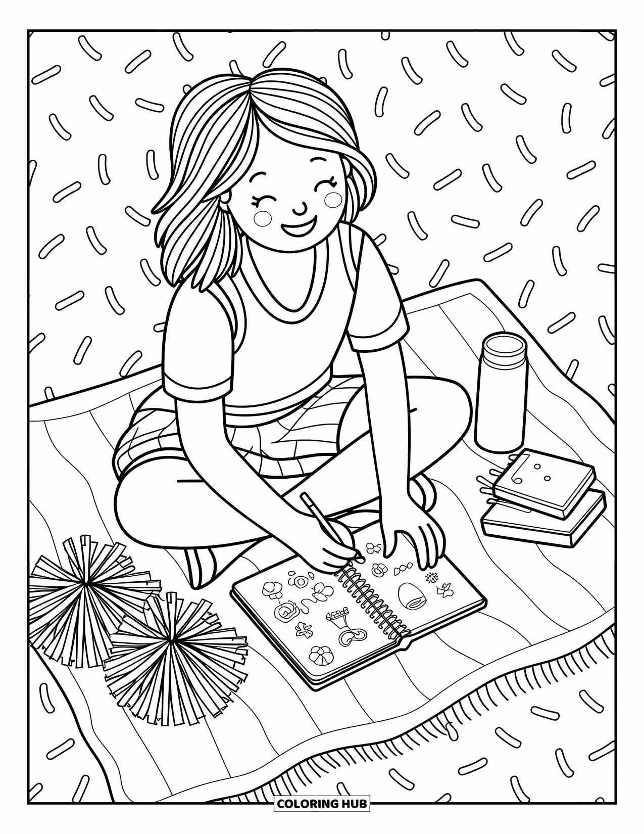 Cheerleader Coloring Page for Adults: Cheerleader draws routines on a cozy blanket with snacks and cute details around