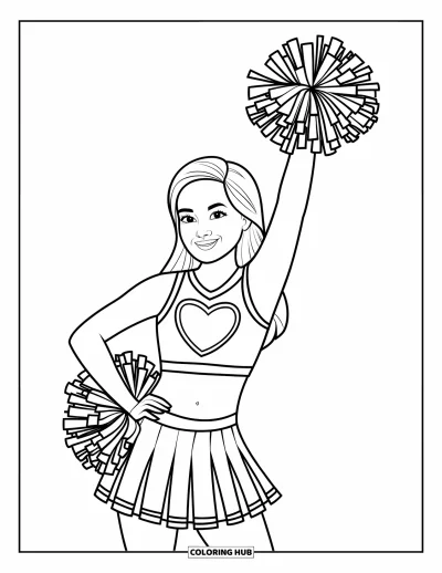 Coloriage de pom-pom girl pour adultes : Une pom-pom girl sourit avec douceur avec un pompon levé et une jupe plissée qui virevolte