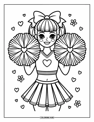 Coloriage de pom-pom girl pour adultes : Une pom-pom girl rit avec des pompons contre ses joues et des gribouillis adorables tout autour