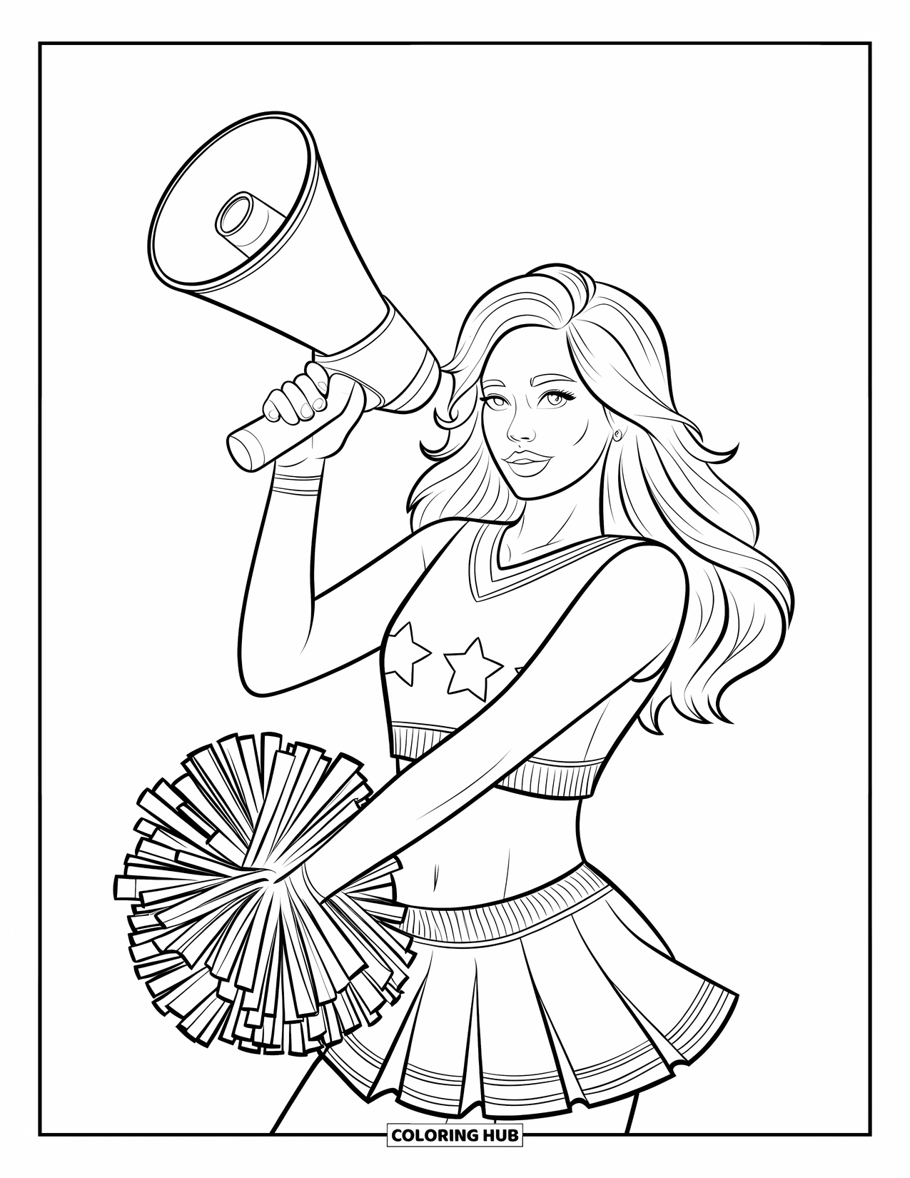 Cheerleader Coloring Page for Adults: Cheerleader holds a megaphone and gently grabs her skirt with a star-patterned top