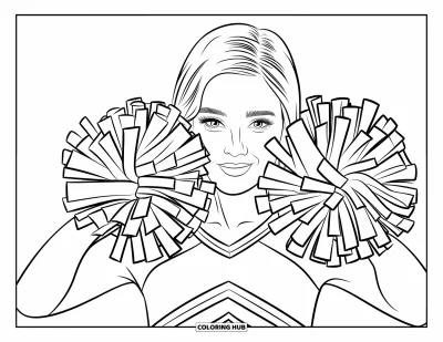 Coloriage de pom-pom girl pour adultes : Une pom-pom girl tient des pompons contre ses joues et sourit dans un uniforme aux manches bouffantes
