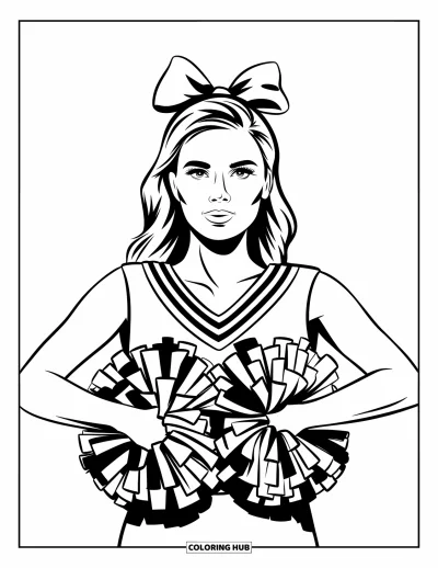 Coloriage de pom-pom girl pour adultes : Une pom-pom girl tient des pompons contre sa poitrine avec un grand nœud et un haut rayé