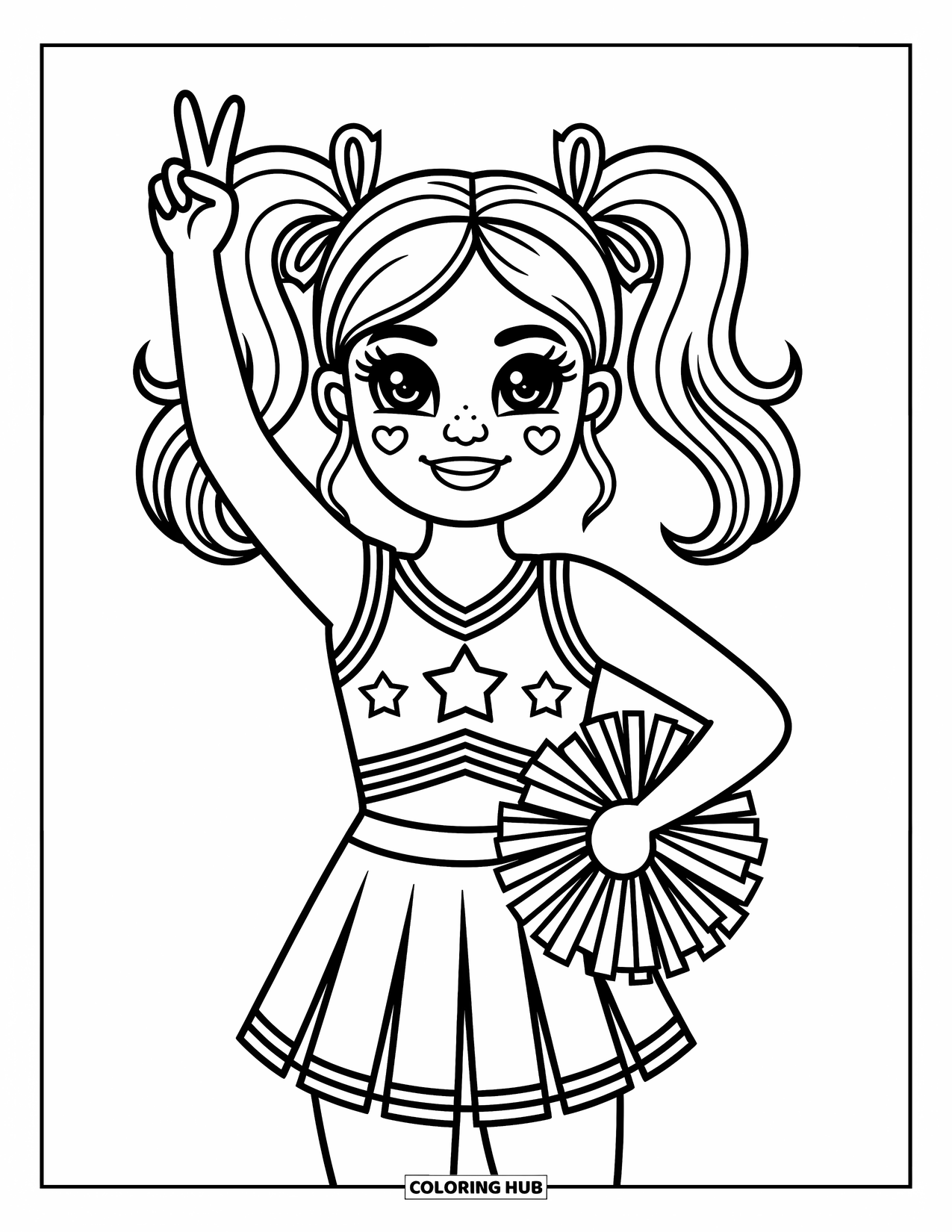 Cheerleader Coloring Page for Adults: Cheerleader makes a peace sign in a starry outfit with pom-poms nearby