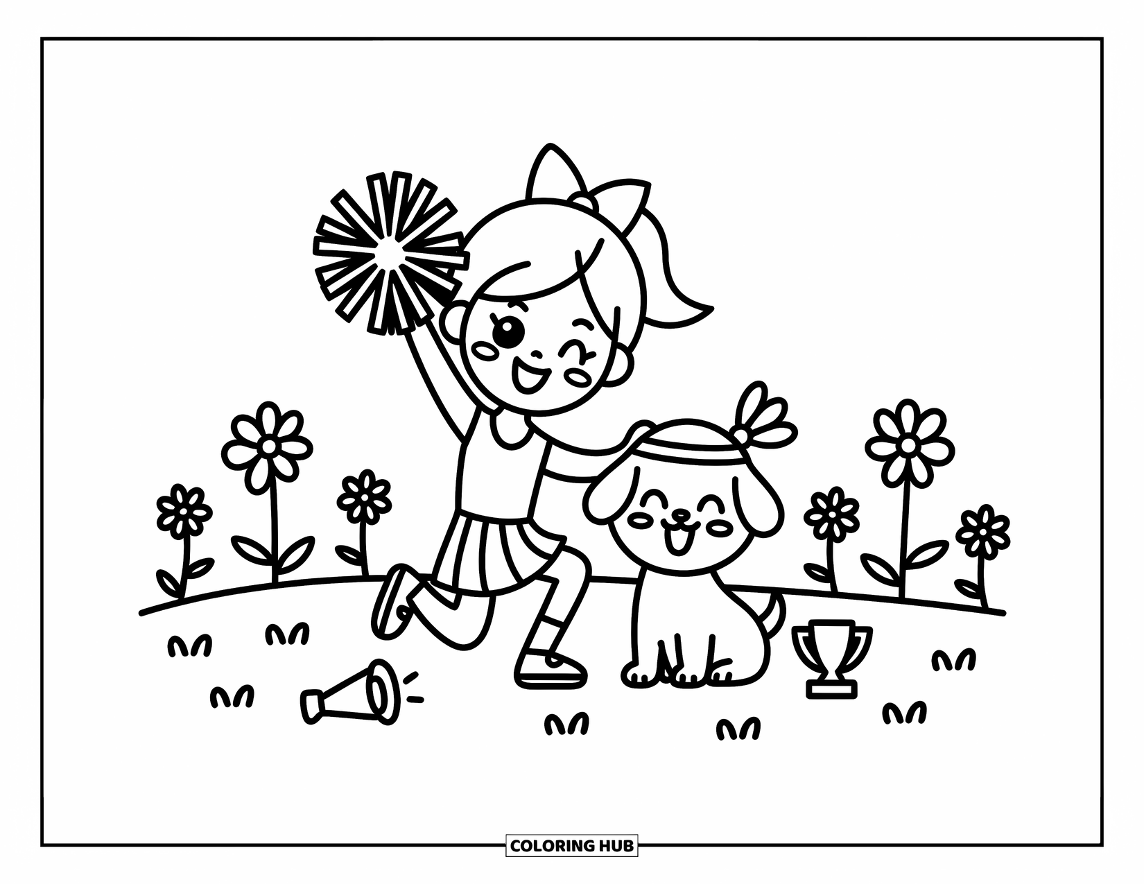 Cheerleader Coloring Page for Adults: Cheerleader poses beside her playful pup in a cute field of flowers