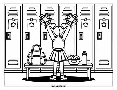 Coloriage de pom-pom girl pour adultes : Une pom-pom girl s'entraîne près de casiers décorés de petits mots joyeux avec son goûter sur un banc