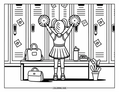 Coloriage de pom-pom girl pour adultes : Une pom-pom girl répète ses pas dans un couloir chaleureux avec des casiers et une collation à proximité