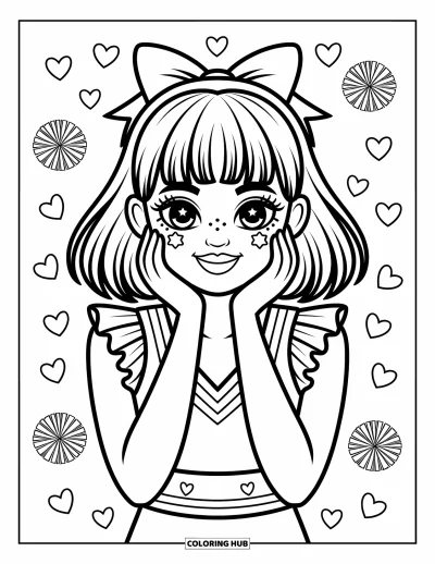 Coloriage de pom-pom girl pour adultes : Une pom-pom girl pose ses mains sur ses joues en souriant avec des étoiles plein les yeux