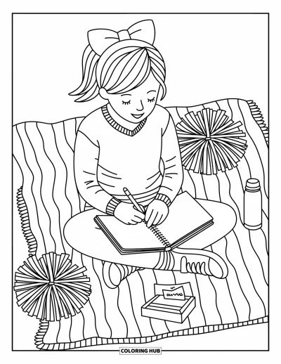 Coloriage de pom-pom girl pour adultes : Une pom-pom girl assise sur une couverture dessine des idées avec des pompons et une boîte de collations à côté