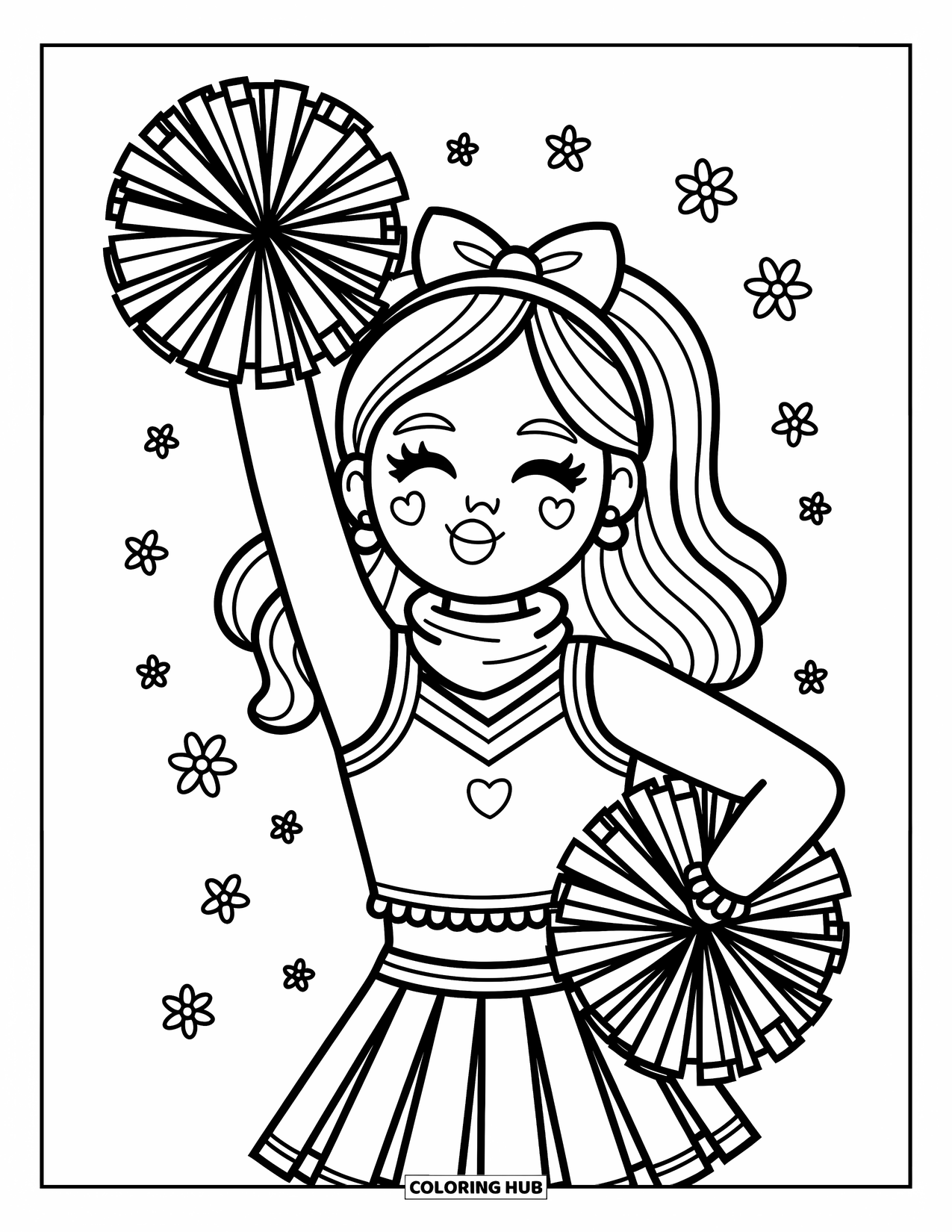 Cheerleader Coloring Page for Adults: Cheerleader smiles, blowing a kiss with one pom-pom and playful doodles around her