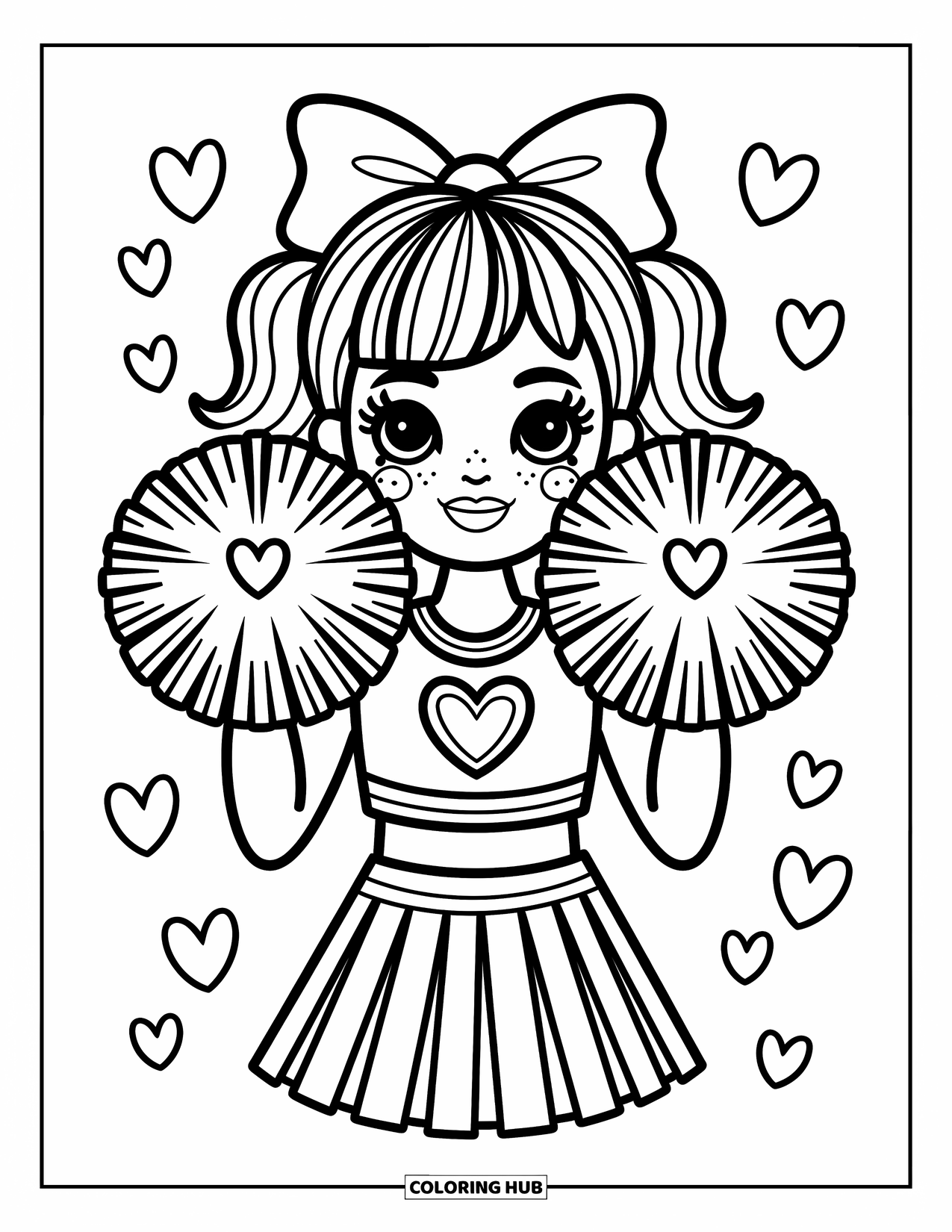 Cheerleader Coloring Page for Adults: Cheerleader smiles brightly with fluffy pom-poms near her cheeks and tiny hearts around