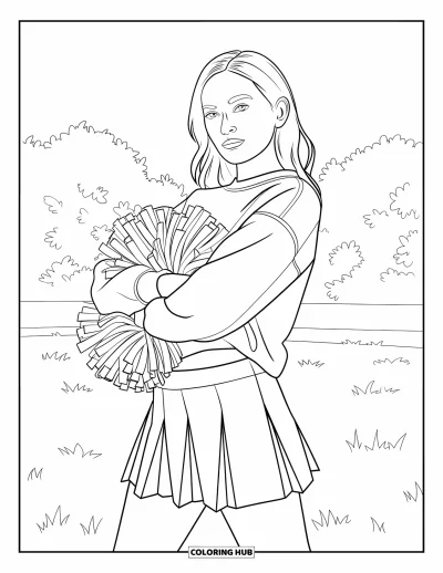 Coloriage de pom-pom girl pour adultes : Une pom-pom girl sourit tranquillement avec les bras croisés et un pompon glissé sous un côté