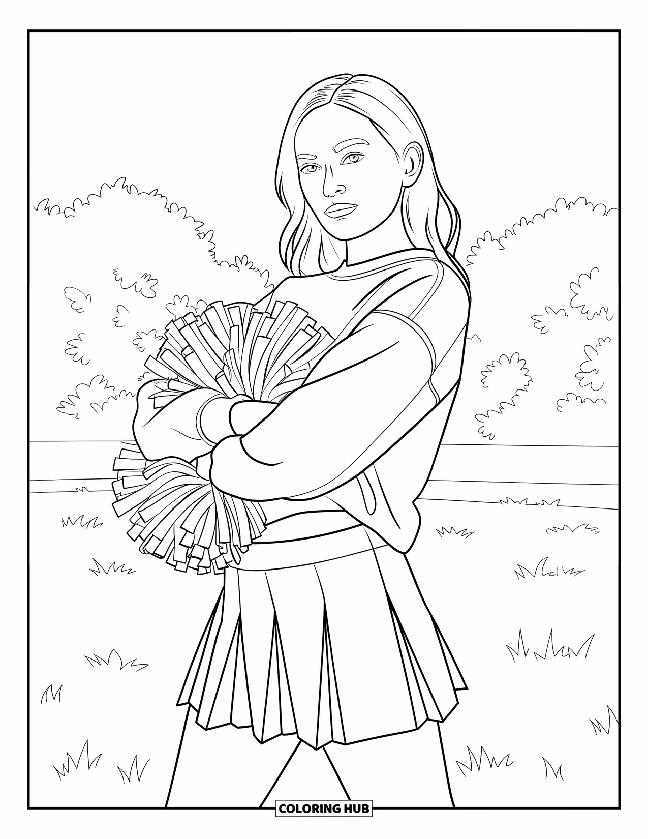 Cheerleader Coloring Page for Adults: Cheerleader smiles calmly with arms folded and pom-pom tucked under one side