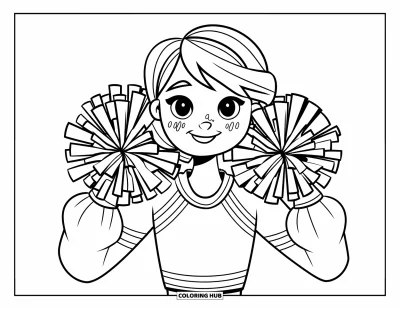Coloriage de pom-pom girl pour adultes : Une pom-pom girl sourit timidement avec des pompons près des joues dans une tenue style universitaire