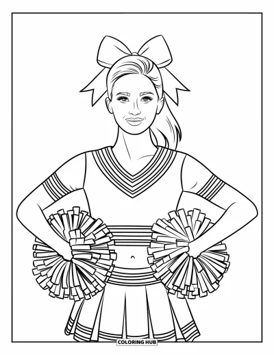Coloriage de pom-pom girl pour adultes : Une pom-pom girl sourit tendrement avec des pompons contre sa poitrine et un haut aux larges rayures