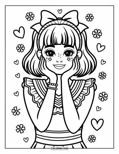 Coloriage de pom-pom girl pour adultes : Une pom-pom girl sourit tendrement avec de petites étoiles dans les yeux et les mains sur les joues