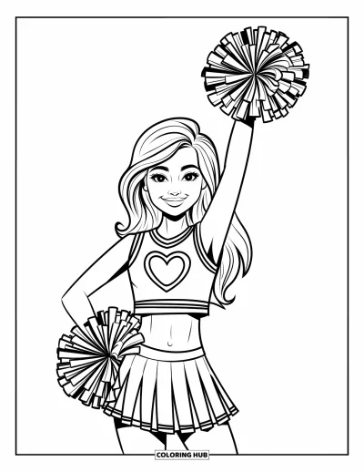 Coloriage de pom-pom girl pour adultes : Une pom-pom girl sourit chaleureusement avec un pompon levé près de son haut orné de cœurs