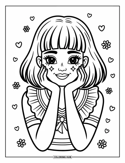 Coloriage de pom-pom girl pour adultes : Une pom-pom girl sourit les joues entre les mains, entourée d'étoiles et de cœurs