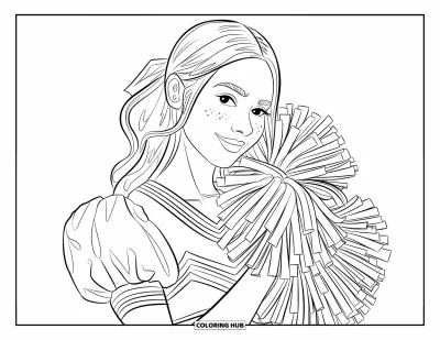 Coloriage de pom-pom girl pour adultes : Une pom-pom girl sourit avec des pompons contre ses joues, habillée d'un haut universitaire confortable