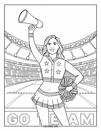 Coloriage de pom-pom girl pour adultes : Une pom-pom girl se tient sur une estrade « GO TEAM » avec un mégaphone et sa jupe à la main