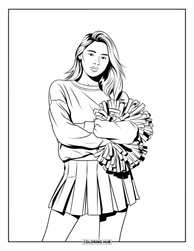Coloriage de pom-pom girl pour adultes : Une pom-pom girl décontractée en sweat-shirt, les bras croisés et un pompon sous le bras