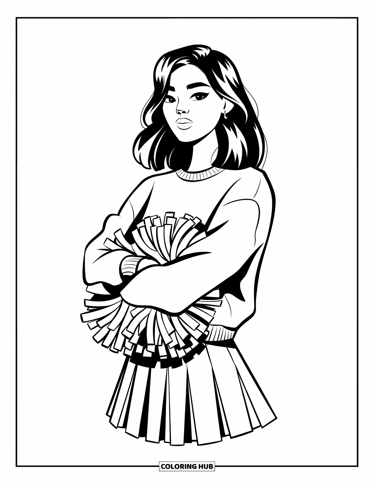 Cheerleader Coloring Page for Adults: Cheerleader stands relaxed with arms crossed and a pom-pom tucked under her arm