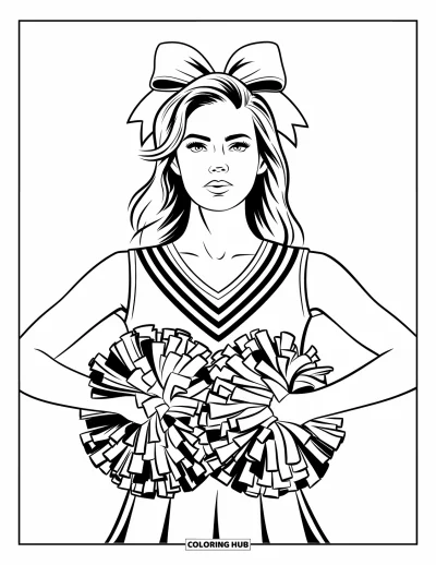 Coloriage de pom-pom girl pour adultes : Une pom-pom girl se tient souriante avec des pompons près de sa poitrine et un grand nœud sur la tête