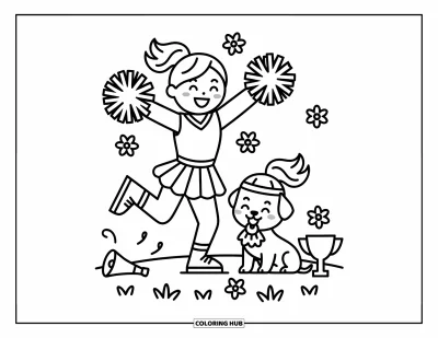 Coloriage de pom-pom girl pour adultes : Une pom-pom girl prend une pose amusante à côté de son chiot qui tient un petit pompon