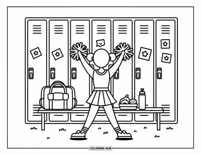 Coloriage de pom-pom girl pour adultes : Une pom-pom girl agite ses pompons devant des casiers colorés avec ses affaires scolaires sur un banc