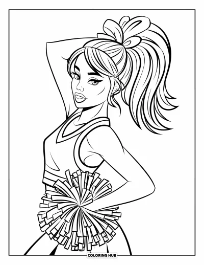 Coloriage de pom-pom girl pour adultes : Une pom-pom girl penche la tête dans une jolie pose de côté en tenant un pompon