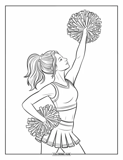 Coloriage de pom-pom girl pour adultes : Une pom-pom girl penche la tête de côté avec une main sur la hanche