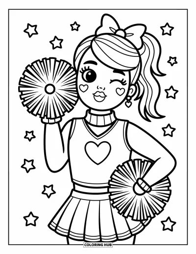 Coloriage de pom-pom girl pour adultes : Une pom-pom girl cligne de l'œil et envoie un bisou avec un pompon et des stickers cœur sur les joues