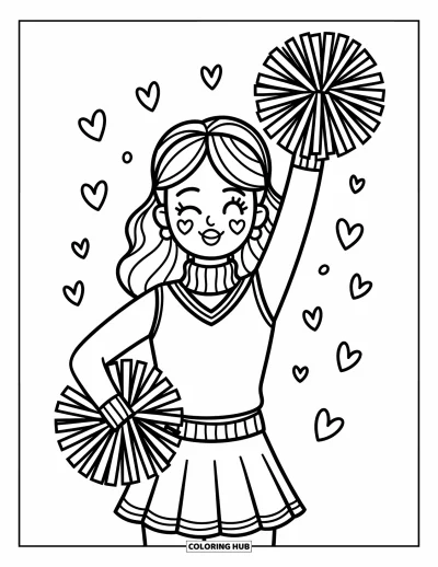 Coloriage de pom-pom girl pour adultes : Une pom-pom girl cligne de l'œil avec un pompon levé en envoyant un bisou et des cœurs flottants