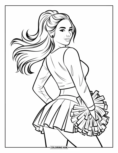 Coloriage de pom-pom girl pour adultes : Une pom-pom girl avec une queue de cheval vue de dos tient un pompon sur le côté