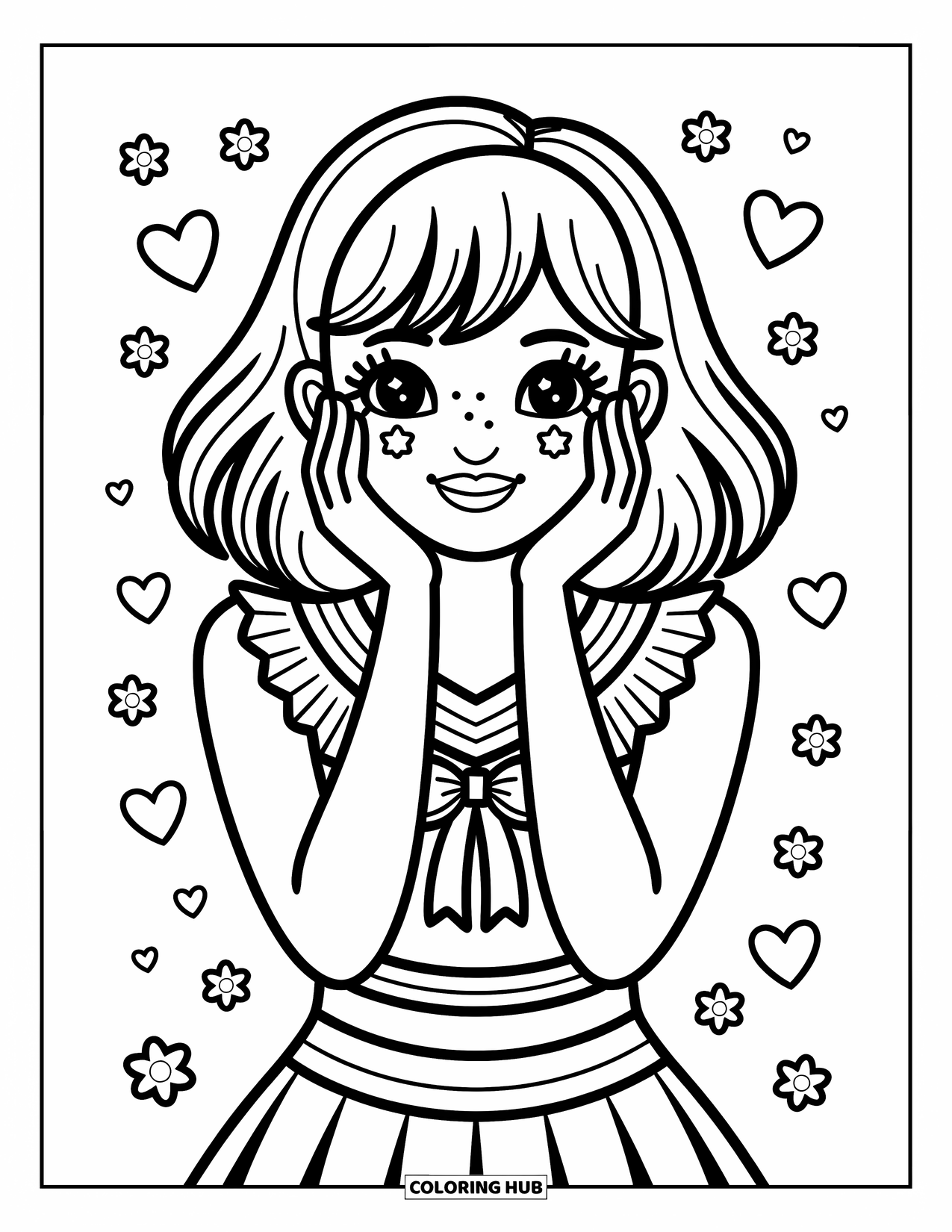 Cheerleader Coloring Page for Adults: Cheerleader with bangs smiles sweetly, hands on cheeks and hearts floating nearby