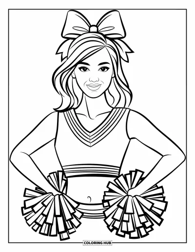 Coloriage de pom-pom girl pour adultes : Une pom-pom girl avec un grand nœud sourit doucement en tenant des pompons près de sa poitrine
