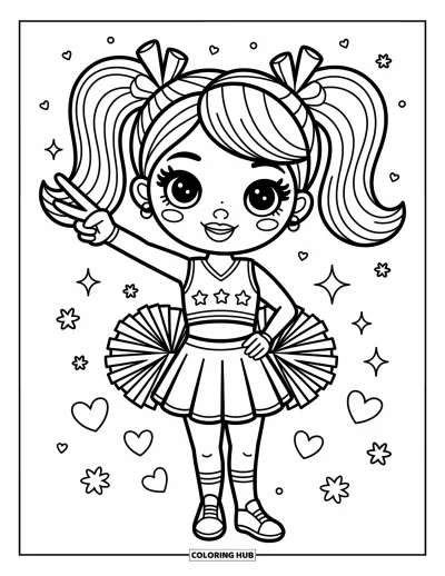 Coloriage de pom-pom girl pour adultes : Une pom-pom girl avec deux couettes pose de façon espiègle avec des cœurs et des étoiles autour d'elle