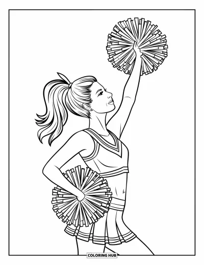 Coloriage de pom-pom girl pour adultes : Une pom-pom girl de côté sourit avec un pompon levé et une queue de cheval attachée avec un ruban