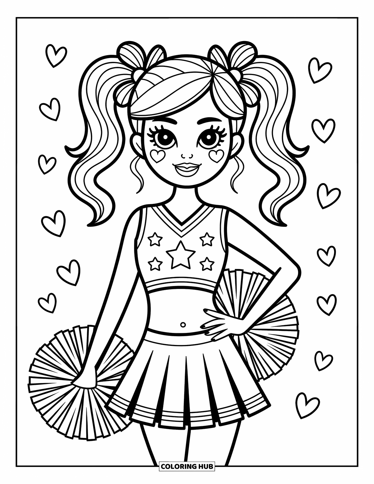 Cheerleader Coloring Page for Adults: Smiling cheerleader in twin tails flashes a peace sign with doodles all around