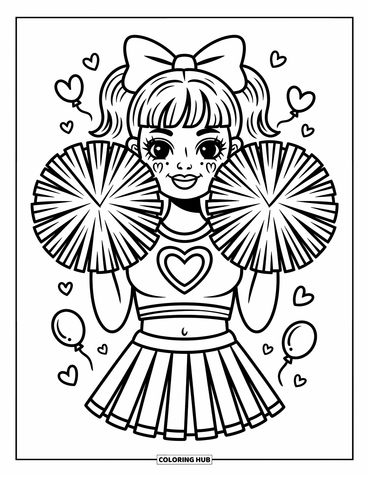 Cheerleader Coloring Page for Adults: Smiling cheerleader poses sweetly with pom-poms and playful hearts floating around