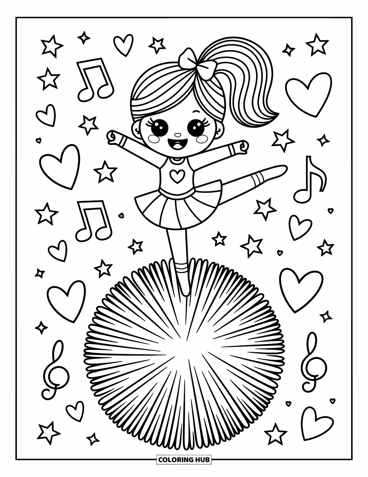 Cheerleader Coloring Page for Adults: Smiling cheerleader walks atop a giant pom-pom surrounded by hearts and stars