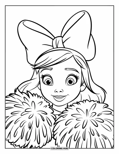 Coloriage de pom-pom girl pour enfants : Une fille souriante avec un grand nœud tient deux gros pompons
