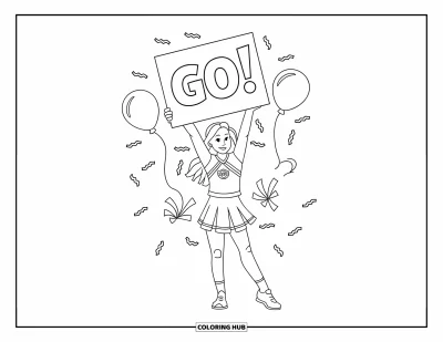 Coloriage de pom-pom girl pour enfants : Une pom-pom girl tient un panneau « Go ! » près de ballons et de serpentins