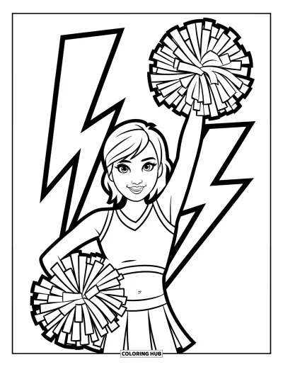 Coloriage de pom-pom girl pour enfants : Une pom-pom girl tient des pompons avec un éclair lumineux derrière elle