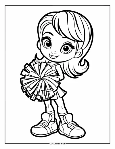 Coloriage de pom-pom girl pour enfants : Une pom-pom girl avec de grandes chaussures agite joyeusement un pompon