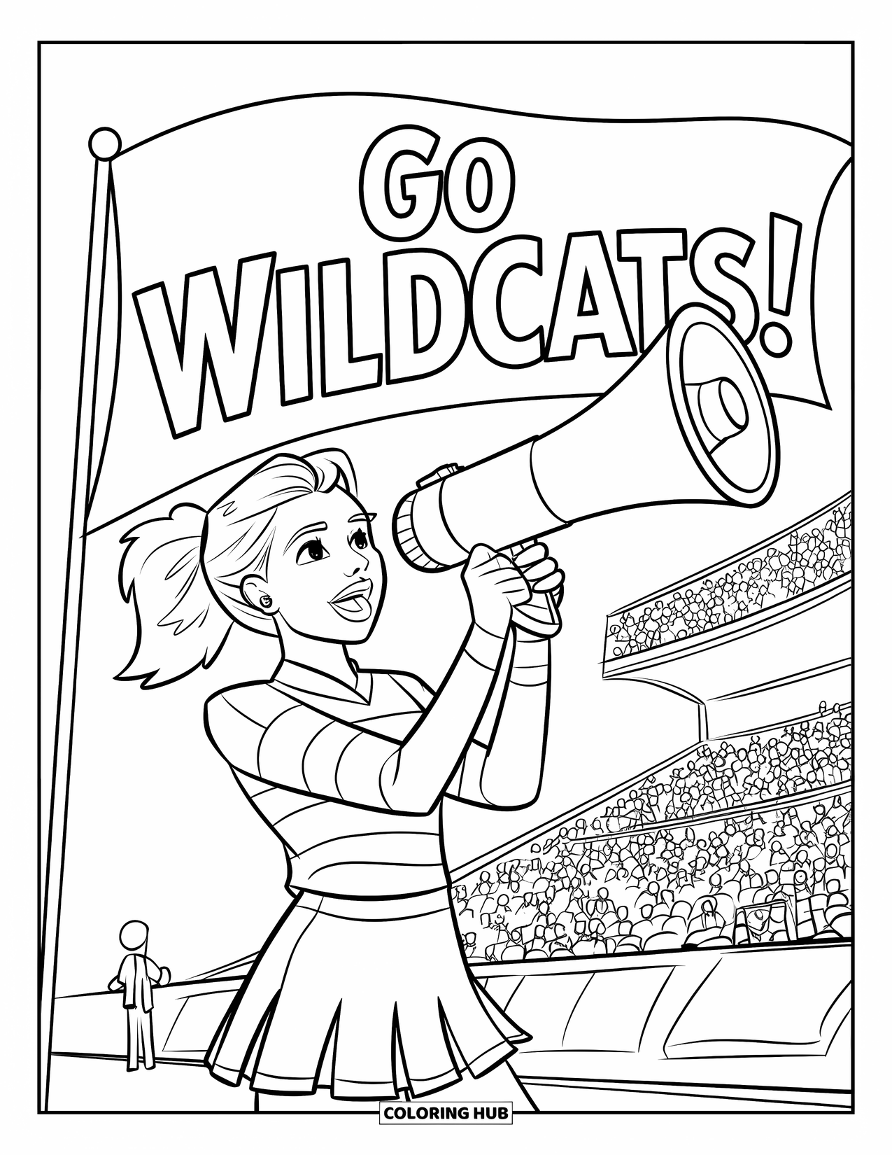 Cheerleader Coloring Page for Kids: Cheerleader in striped uniform shouts with a "Go Wildcats!" flag behind