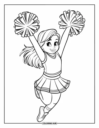 Coloriage de pom-pom girl pour enfants : Une pom-pom girl saute haut avec des pompons levés et un grand sourire