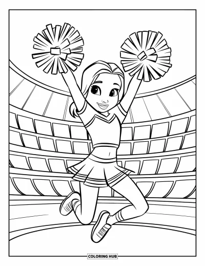 Coloriage de pom-pom girl pour enfants : Une pom-pom girl saute avec des pompons dans une ambiance de stade joyeuse et animée