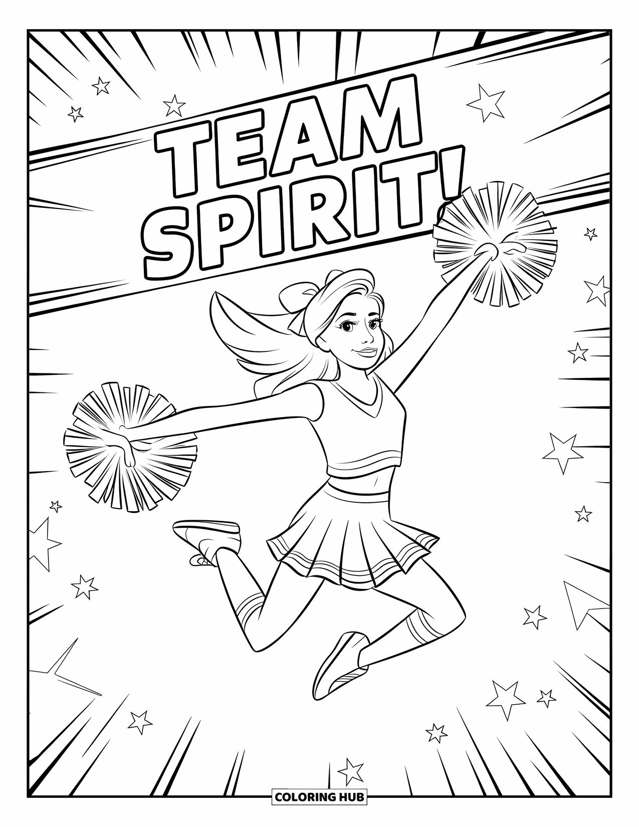 Cheerleader Coloring Page for Kids: Cheerleader jumps with pom-poms and a "Team Spirit!" banner behind