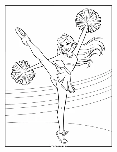 Coloriage de pom-pom girl pour enfants : Une pom-pom girl donne un grand coup de jambe avec de longs cheveux et des pompons en mouvement