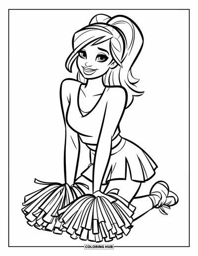 Coloriage de pom-pom girl pour enfants : Une pom-pom girl s'agenouille avec des pompons devant elle et une jupe rouge